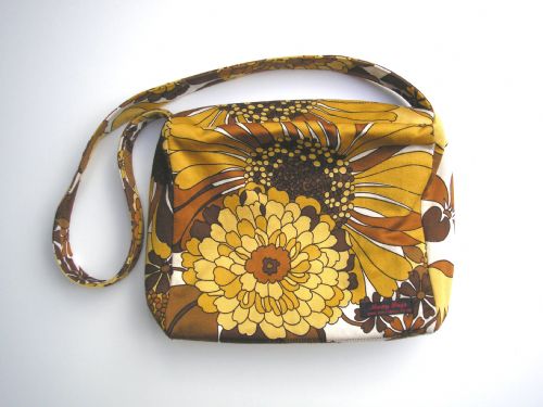 Bag made with Genuine Vintage satin �Avalon�with brown & mustard flower print - Fashion Accessories Companies Lewes