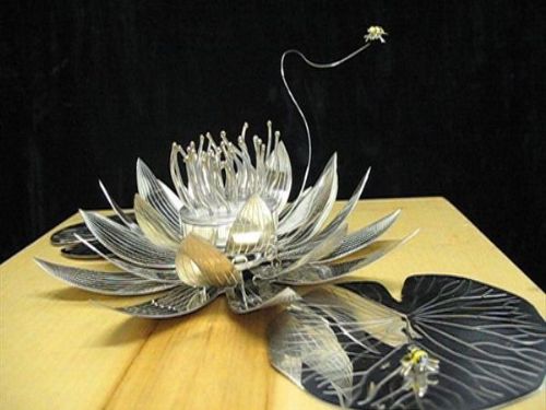 Mechanical silver Lily on display in Bowes Museum hand made by Mobeus Jewellers - Jewellery Designers Hartlepool