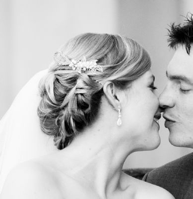 Beautiful Bride from last year.  Side loopy bun with veil and slide. - Mobile Hairdressers Wakefield