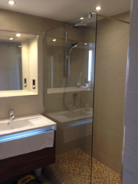Bathroom at the grange, raised wet floor due to concrete slab