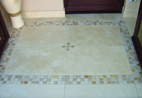 Travertine marble entrance porch with Gold/Beige/Ivory mosaic border in Edinburgh