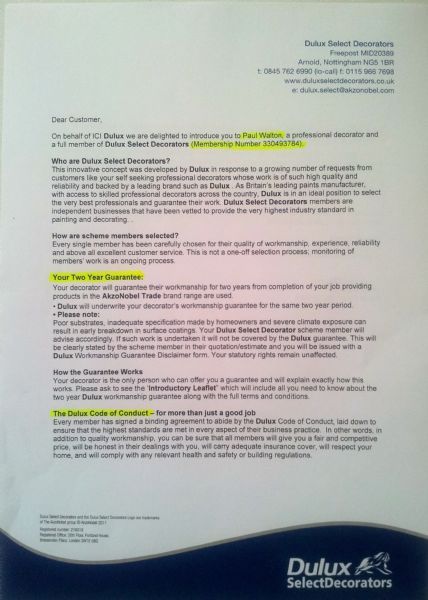 Dulux Customer letter for your piece of mind showing Im accountable for the standard of my work and code of conduct