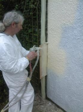Exterior spray applied textured coating. Heavy duty solvent based, fiber reinforced waterproofing coating.